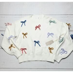 Luna Ivy Viral 3D Bow Coquette Sweater Crew Neck White Rainbow Super Soft Medium